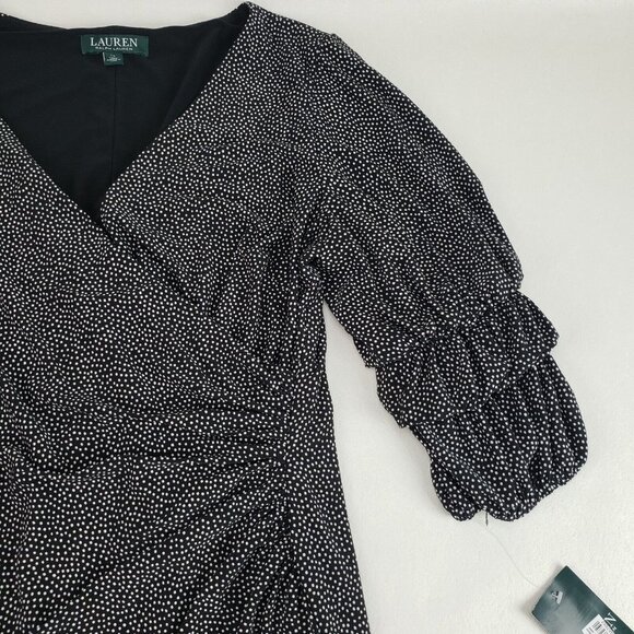 Ralph Lauren V Neck Surplice Jersey Dress Womens 14 Black Polka Dot Knee Length - Picture 6 of 15